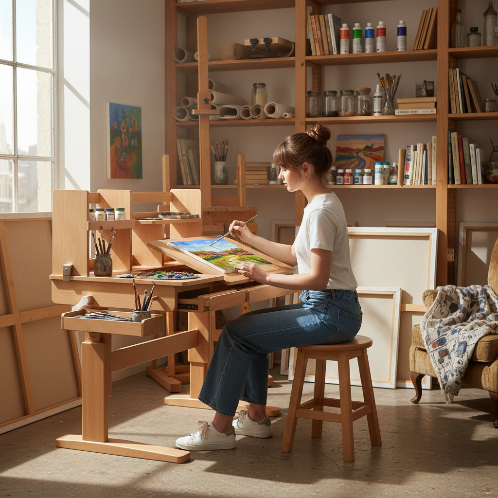 فنان يرسم على الترابيزة في استديو