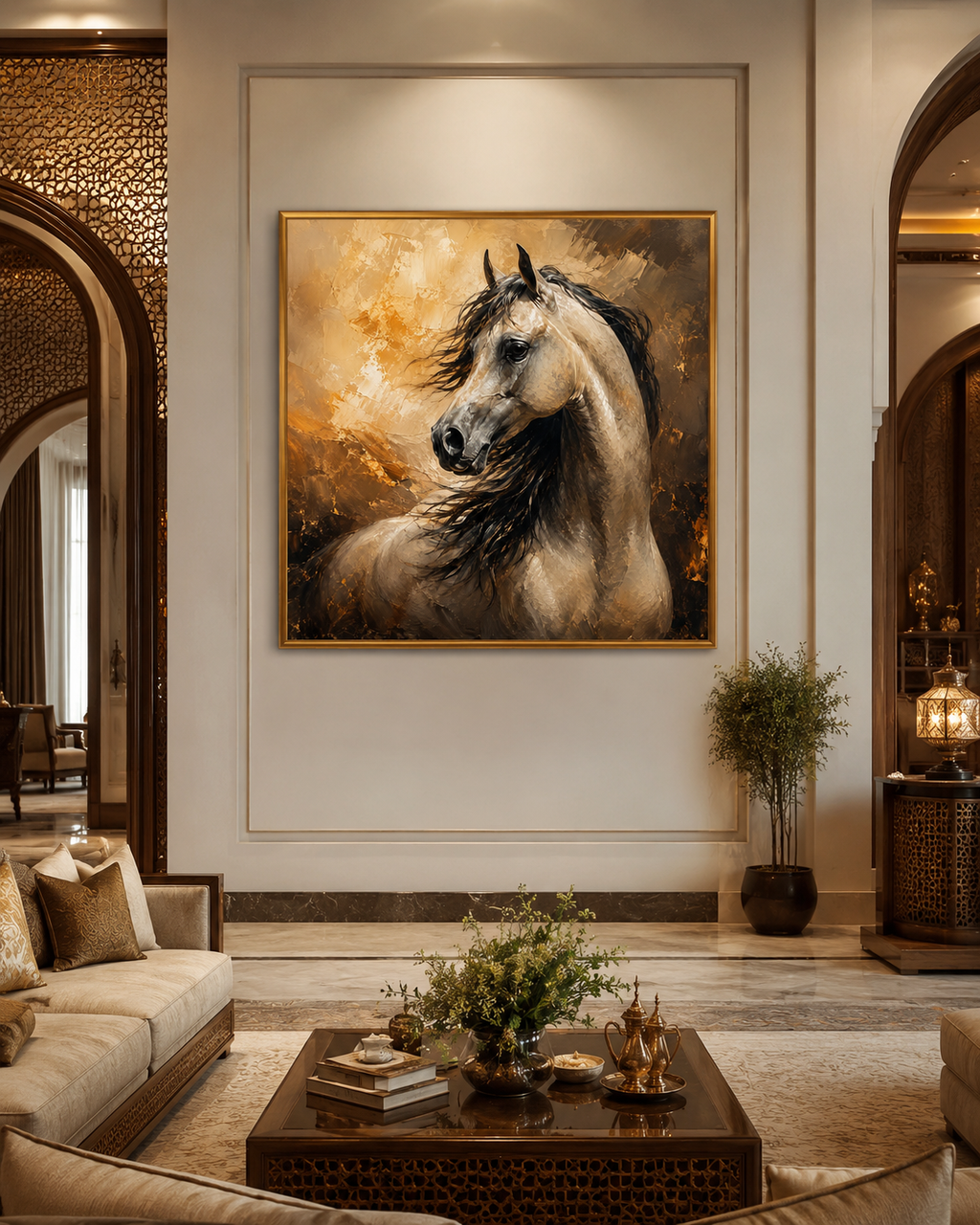 موك اب لوحة خيل عربي أكريليك داخل فيلا فاخرة