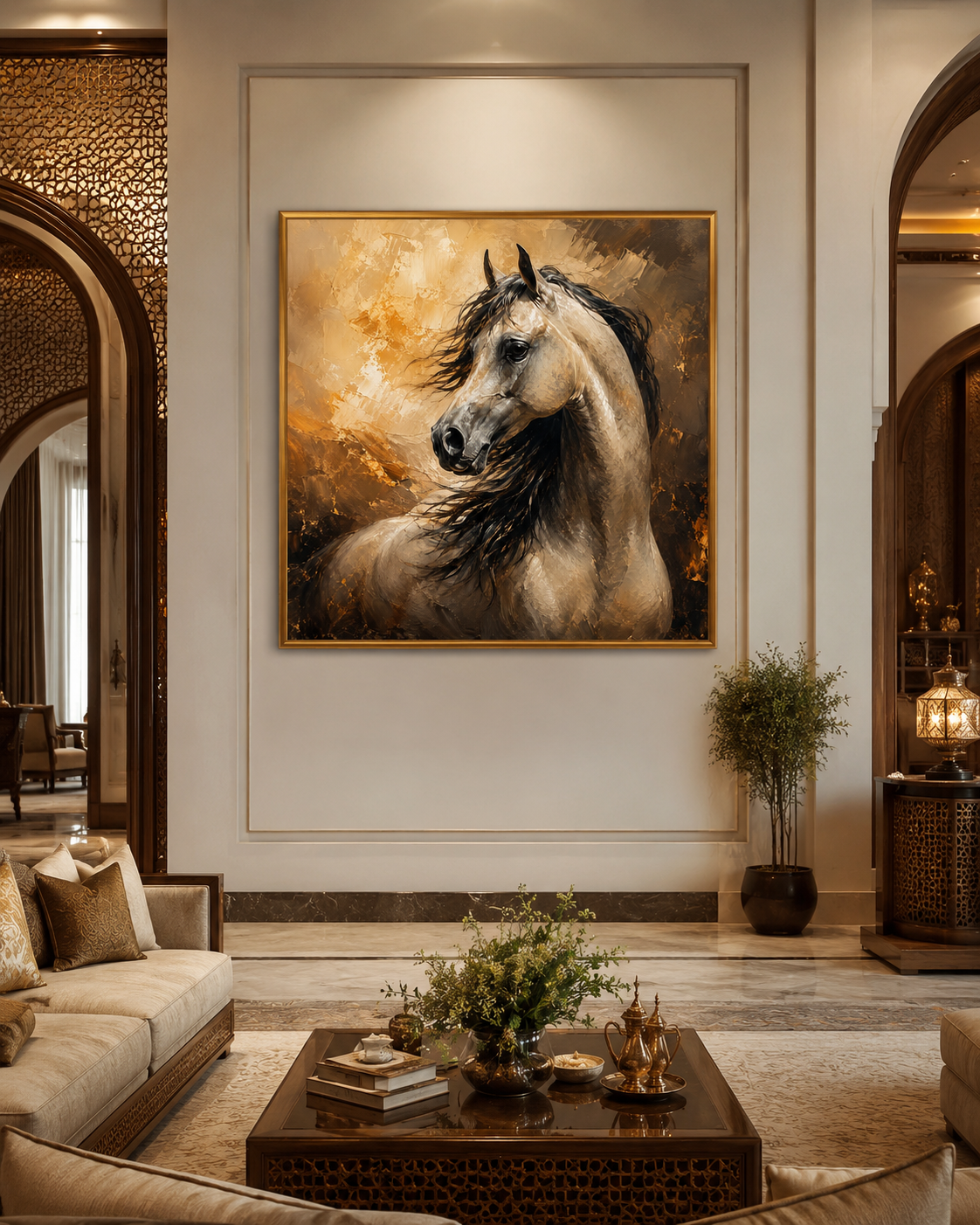 موك اب لوحة خيل عربي أكريليك داخل فيلا فاخرة
