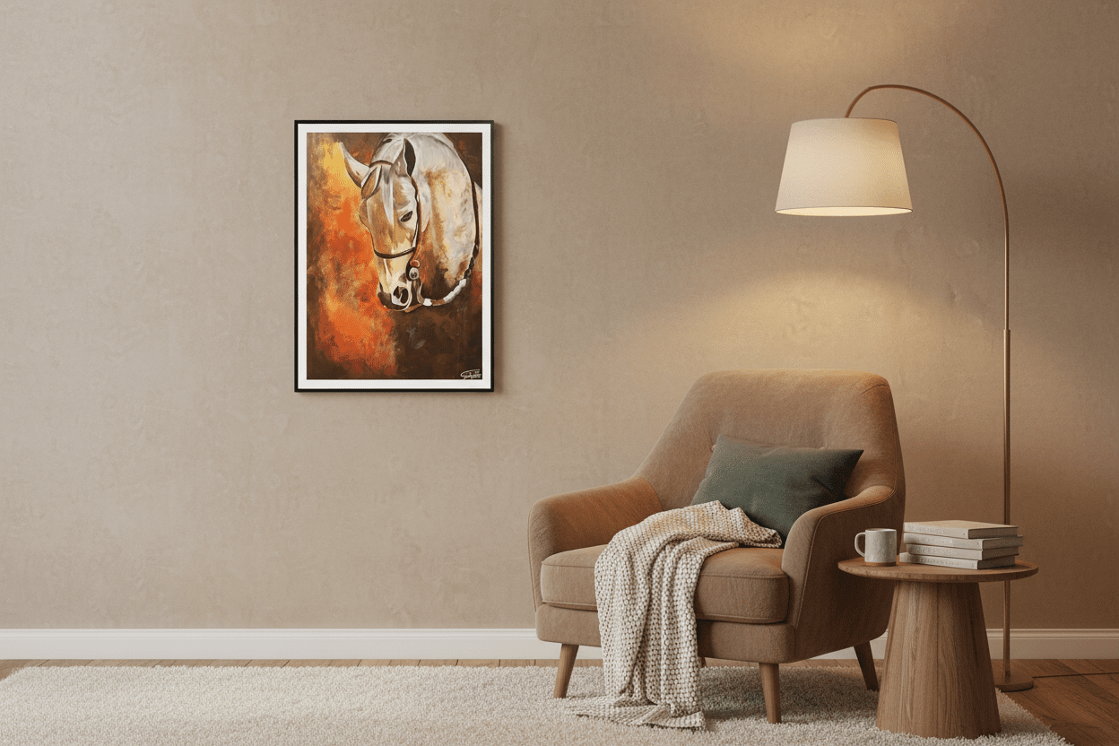 لوحة فنية - حصان أبيض بألوان دافئة - Isarttools