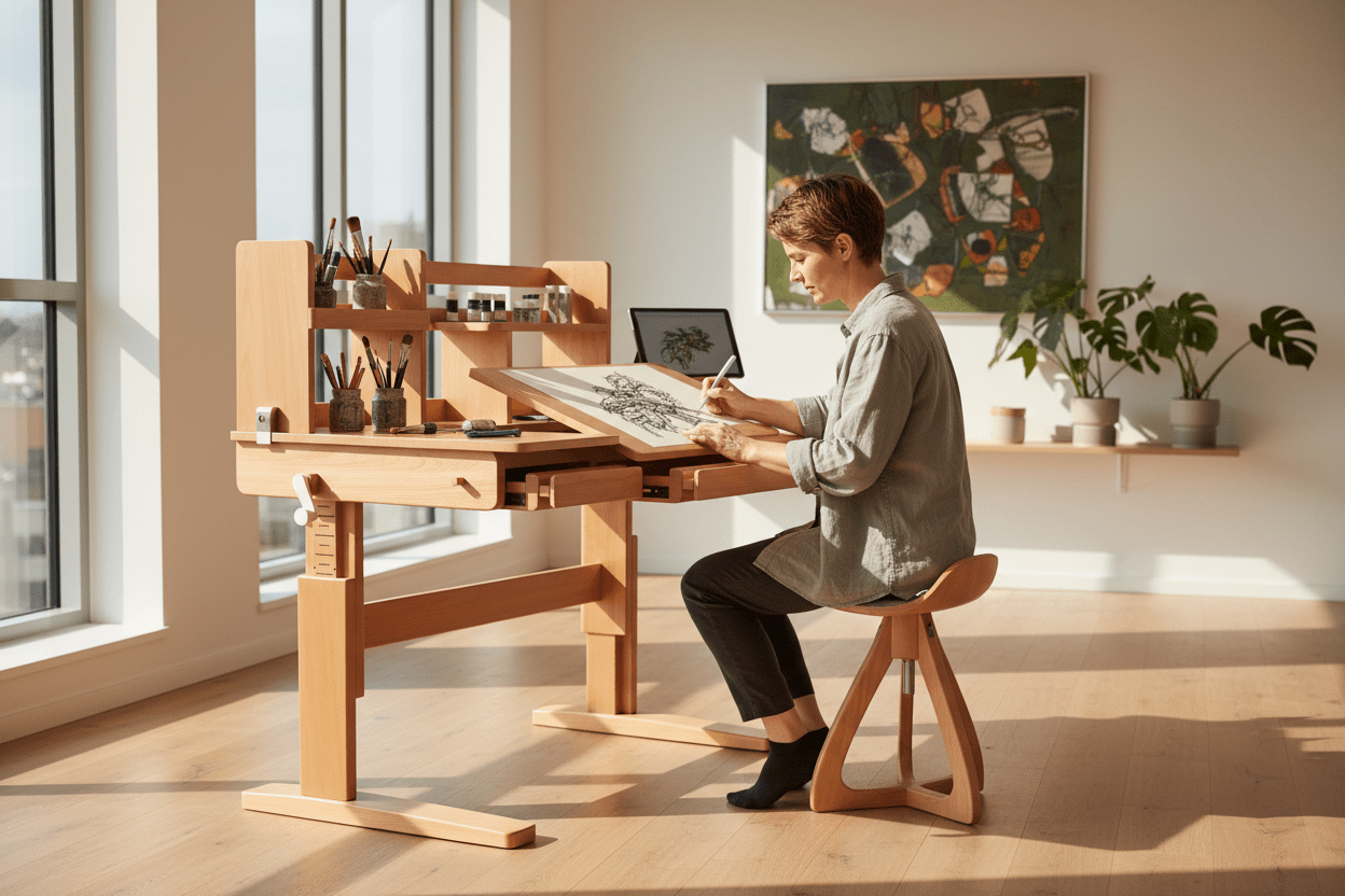 مكتب رسم خشبي قابل للتعديل مع رفوف تخزين - طاولة فنية احترافية - Isarttools