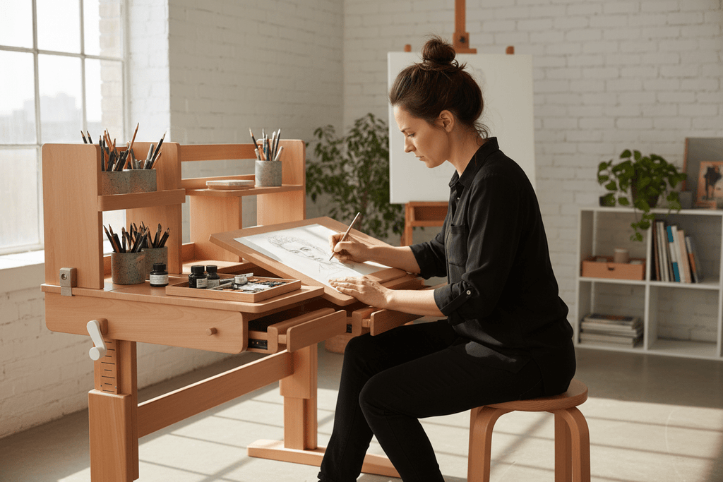 مكتب رسم خشبي قابل للتعديل مع رفوف تخزين - طاولة فنية احترافية - Isarttools