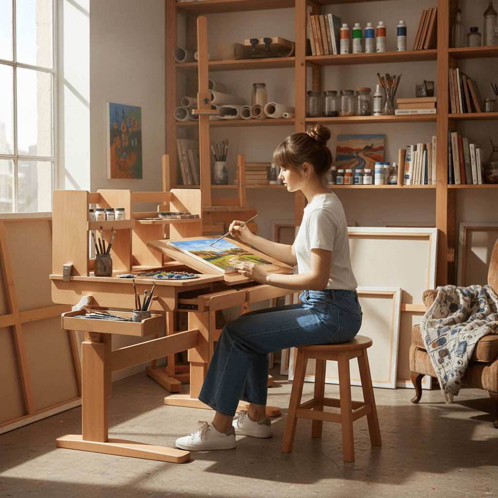 مكتب رسم خشبي قابل للتعديل مع رفوف تخزين - طاولة فنية احترافية - Isarttools